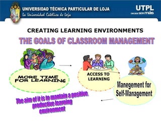 CREATING LEARNING ENVIRONMENTS ACCESS TO  LEARNING THE GOALS OF CLASSROOM MANAGEMENT MORE TIME FOR LEARNING Manegement for Self-Management The aim of it is to mantain a positive,  productive learning  environment 