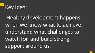0
Key Idea:
Healthy development happens
when we know what to achieve,
understand what challenges to
watch for, and build strong
support around us.
 