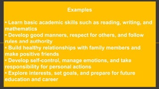 Examples
• Learn basic academic skills such as reading, writing, and
mathematics
• Develop good manners, respect for others, and follow
rules and authority
• Build healthy relationships with family members and
make positive friends
• Develop self-control, manage emotions, and take
responsibility for personal actions
• Explore interests, set goals, and prepare for future
education and career
 