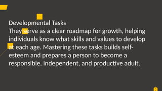 0
Developmental Tasks
They serve as a clear roadmap for growth, helping
individuals know what skills and values to develop
at each age. Mastering these tasks builds self-
esteem and prepares a person to become a
responsible, independent, and productive adult.
 