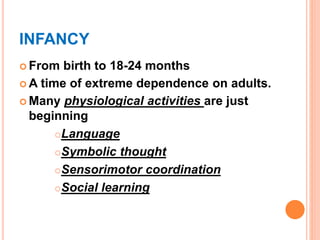 INFANCY
 From birth to 18-24 months
 A time of extreme dependence on adults.
 Many physiological activities are just
beginning
Language
Symbolic thought
Sensorimotor coordination
Social learning
 