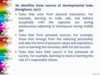 He identifies three sources of developmental tasks
(Havighurst, 1972):
• Tasks that arise from physical maturation. For
ex...