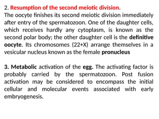 2. Resumption of the second meiotic division.
The oocyte ﬁnishes its second meiotic division immediately
after entry of the spermatozoon. One of the daughter cells,
which receives hardly any cytoplasm, is known as the
second polar body; the other daughter cell is the deﬁnitive
oocyte. Its chromosomes (22+X) arrange themselves in a
vesicular nucleus known as the female pronucleus
3. Metabolic activation of the egg. The activating factor is
probably carried by the spermatozoon. Post fusion
activation may be considered to encompass the initial
cellular and molecular events associated with early
embryogenesis.
 