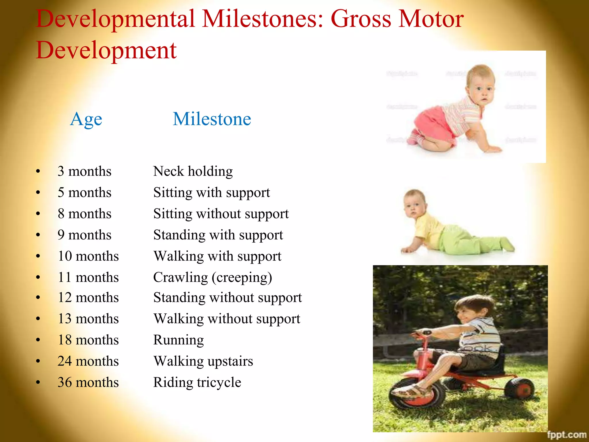 Developmental Milestones: Gross Motor
Development
Age
•
•
•
•
•
•
•
•
•
•
•

3 months
5 months
8 months
9 months
10 months
11 months
12 months
13 months
18 months
24 months
36 months

Milestone
Neck holding
Sitting with support
Sitting without support
Standing with support
Walking with support
Crawling (creeping)
Standing without support
Walking without support
Running
Walking upstairs
Riding tricycle

 