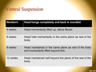 Ventral Suspension
Newborn

Head hangs completely and back is rounded.

4 weeks

Head momentarily lifted up, elbow flexed.

6 weeks

Head held momentarily in the same plane as rest of the
body.

8 weeks

Head maintained in the same plane as rest of the body
and momentarily lifted beyond this.

12 weeks

Head maintained well beyond the plane of the rest of the
body.

 