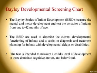 Bayley Developmental Screening Chart
• The Bayley Scales of Infant Development (BSID) measure the
mental and motor development and test the behavior of infants
from one to 42 months of age.
• The BSID are used to describe the current developmental
functioning of infants and to assist in diagnosis and treatment
planning for infants with developmental delays or disabilities.
•

The test is intended to measure a child's level of development
in three domains: cognitive, motor, and behavioral.

 