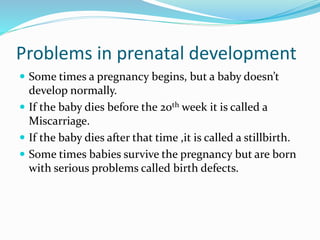 Problems in prenatal development
 Some times a pregnancy begins, but a baby doesn’t
develop normally.
 If the baby dies before the 20th week it is called a
Miscarriage.
 If the baby dies after that time ,it is called a stillbirth.
 Some times babies survive the pregnancy but are born
with serious problems called birth defects.
 
