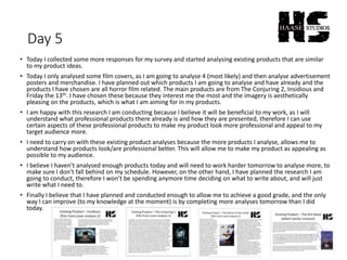 Day 5
• Today I collected some more responses for my survey and started analysing existing products that are similar
to my product ideas.
• Today I only analysed some film covers, as I am going to analyse 4 (most likely) and then analyse advertisement
posters and merchandise. I have planned out which products I am going to analyse and have already and the
products I have chosen are all horror film related. The main products are from The Conjuring 2, Insidious and
Friday the 13th. I have chosen these because they interest me the most and the imagery is aesthetically
pleasing on the products, which is what I am aiming for in my products.
• I am happy with this research I am conducting because I believe it will be beneficial to my work, as I will
understand what professional products there already is and how they are presented, therefore I can use
certain aspects of these professional products to make my product look more professional and appeal to my
target audience more.
• I need to carry on with these existing product analyses because the more products I analyse, allows me to
understand how products look/are professional better. This will allow me to make my product as appealing as
possible to my audience.
• I believe I haven’t analysed enough products today and will need to work harder tomorrow to analyse more, to
make sure I don’t fall behind on my schedule. However, on the other hand, I have planned the research I am
going to conduct, therefore I won’t be spending anymore time deciding on what to write about, and will just
write what I need to.
• Finally I believe that I have planned and conducted enough to allow me to achieve a good grade, and the only
way I can improve (to my knowledge at the moment) is by completing more analyses tomorrow than I did
today.
 