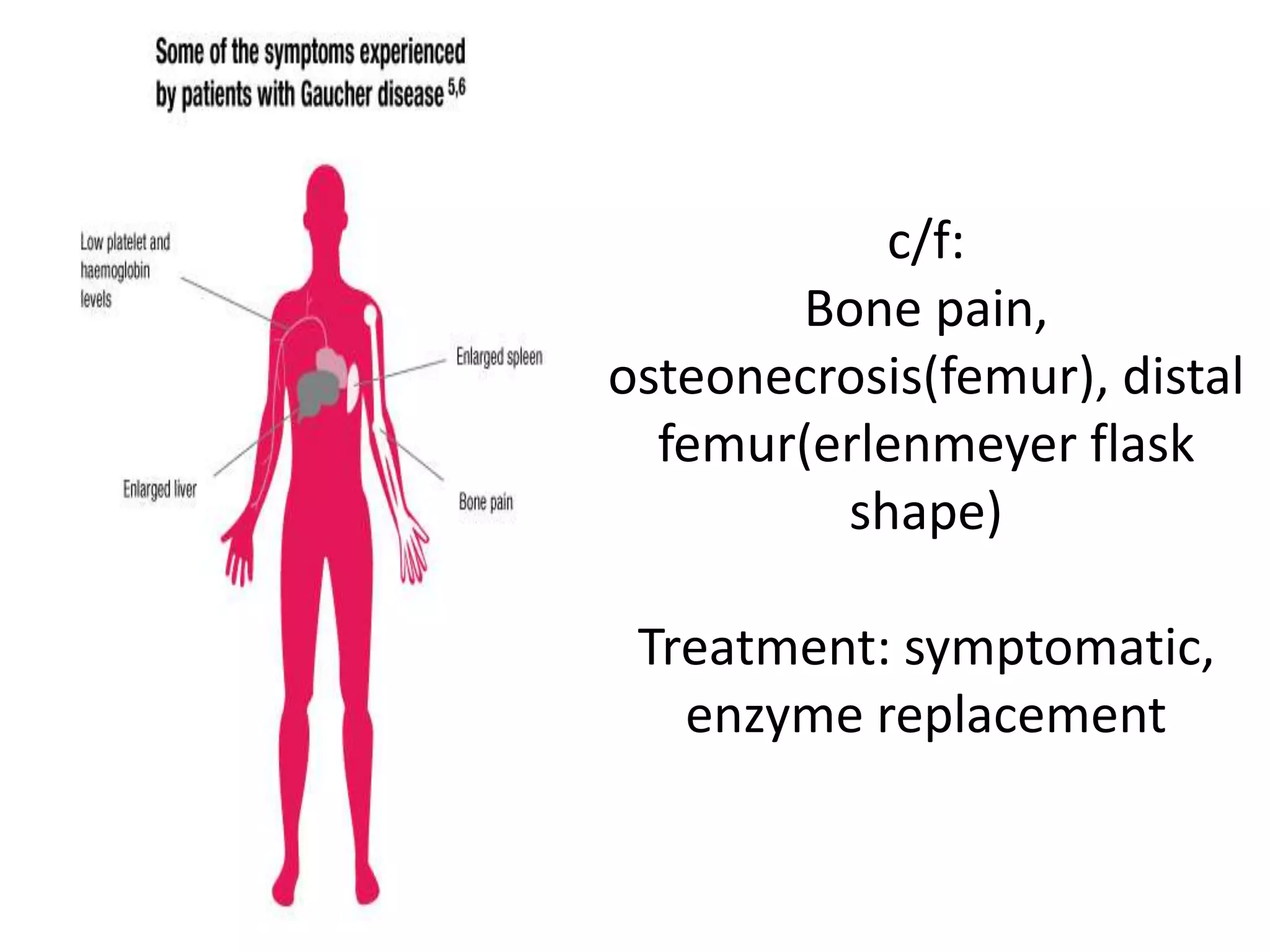 c/f:
Bone pain,
osteonecrosis(femur), distal
femur(erlenmeyer flask
shape)
Treatment: symptomatic,
enzyme replacement
 