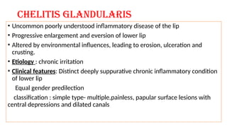 Chelitis glandularis
• Uncommon poorly understood inflammatory disease of the lip
• Progressive enlargement and eversion of lower lip
• Altered by environmental influences, leading to erosion, ulceration and
crusting.
• Etiology : chronic irritation
• Clinical features: Distinct deeply suppurative chronic inflammatory condition
of lower lip
Equal gender predilection
classification : simple type- multiple,painless, papular surface lesions with
central depressions and dilated canals
 