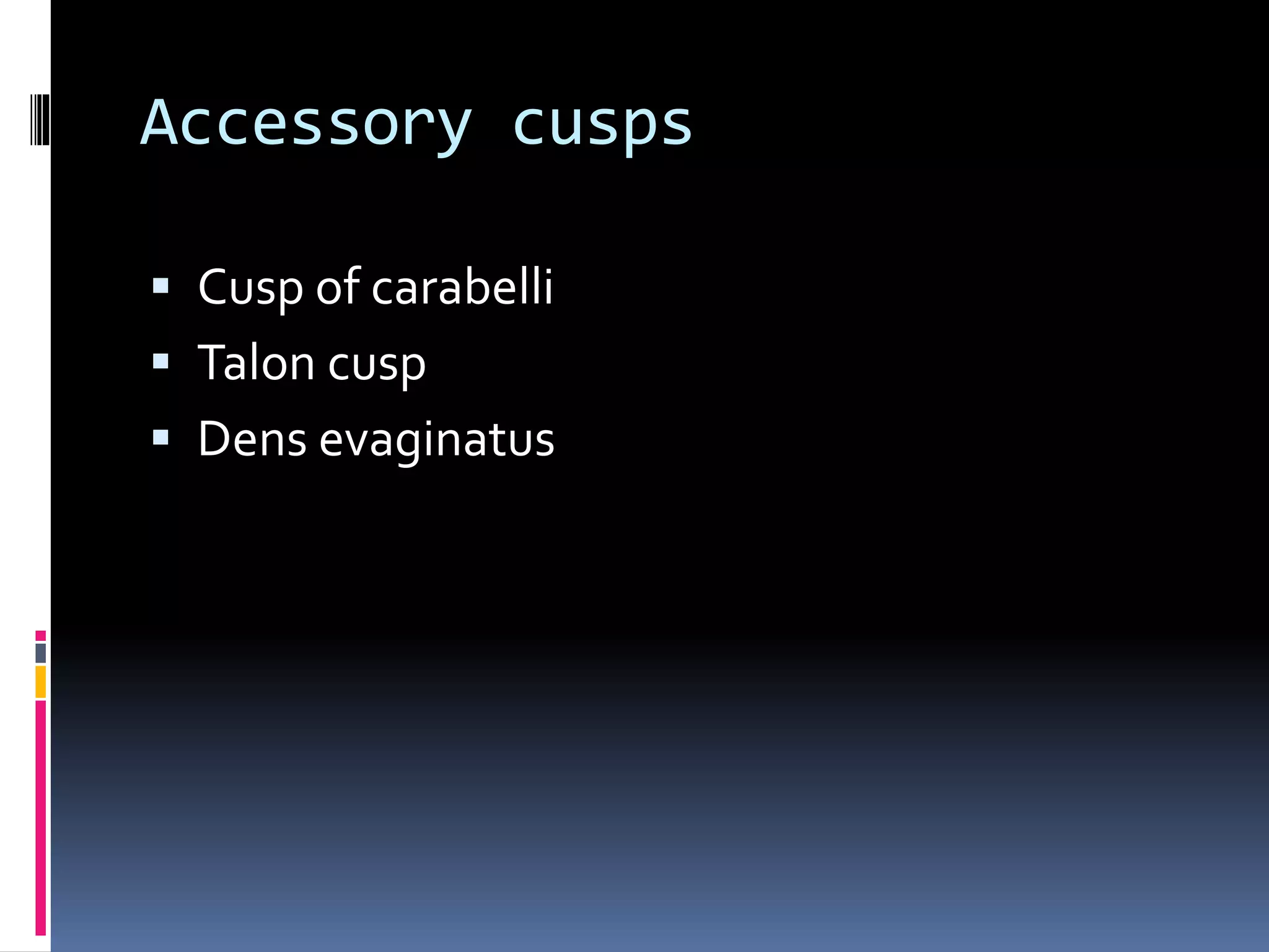 Accessory cusps
 Cusp of carabelli
 Talon cusp
 Dens evaginatus
 