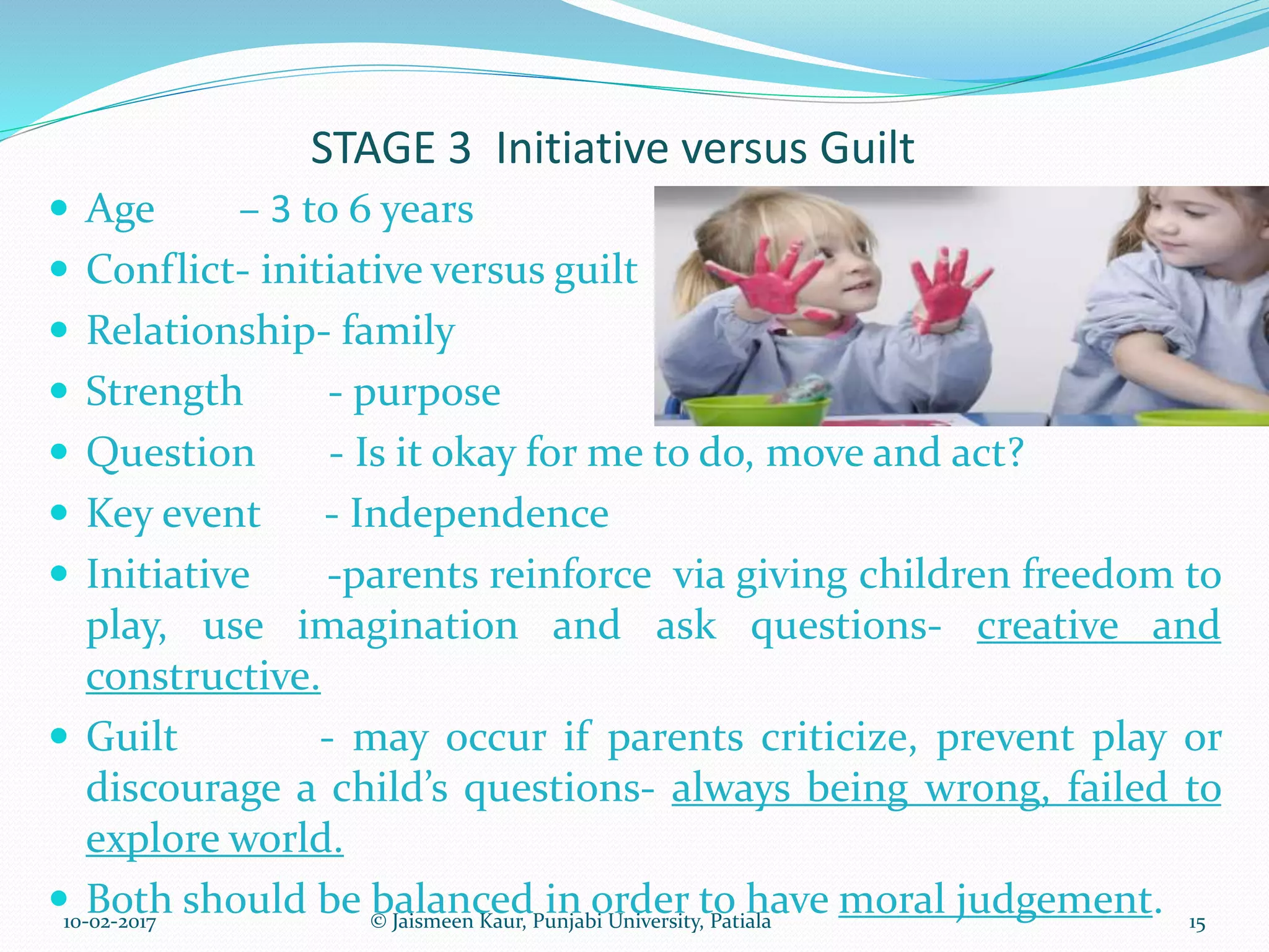 STAGE 3 Initiative versus Guilt
 Age – 3 to 6 years
 Conflict- initiative versus guilt
 Relationship- family
 Strength - purpose
 Question - Is it okay for me to do, move and act?
 Key event - Independence
 Initiative -parents reinforce via giving children freedom to
play, use imagination and ask questions- creative and
constructive.
 Guilt - may occur if parents criticize, prevent play or
discourage a child’s questions- always being wrong, failed to
explore world.
 Both should be balanced in order to have moral judgement.10-02-2017 15© Jaismeen Kaur, Punjabi University, Patiala
 