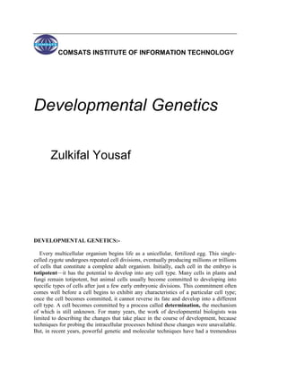 COMSATS INSTITUTE OF INFORMATION TECHNOLOGY<br />Developmental Genetics <br />                   <br />Zulkifal Yousaf<br />                               <br />DEVELOPMENTAL GENETICS:-<br /> <br />    Every multicellular organism begins life as a unicellular, fertilized egg. This single-celled zygote undergoes repeated cell divisions, eventually producing millions or trillions of cells that constitute a complete adult organism. Initially, each cell in the embryo is totipotent—it has the potential to develop into any cell type. Many cells in plants and fungi remain totipotent, but animal cells usually become committed to developing into specific types of cells after just a few early embryonic divisions. This commitment often comes well before a cell begins to exhibit any characteristics of a particular cell type; once the cell becomes committed, it cannot reverse its fate and develop into a different cell type. A cell becomes committed by a process called determination, the mechanism of which is still unknown. For many years, the work of developmental biologists was limited to describing the changes that take place in the course of development, because techniques for probing the intracellular processes behind these changes were unavailable. But, in recent years, powerful genetic and molecular techniques have had a tremendous influence on the study of development. In a few model systems such as Drosophila, the molecular mechanisms underlying developmental change are now beginning to be understood.<br />   The Genetics of Pattern Formation in Drosophila:-<br />           One of the best-studied systems for the genetic control of pattern formation is the early embryonic development of Drosophila melanogaster. Geneticists have isolated a large number of mutations in fruit flies that influence all aspects of their development, and these mutations have been subjected to molecular analysis, providing much information about how genes control early development <br /> <br />Stages in the development and the genes that control that stages:-<br />Stages in the early development o in the early development of<br />fruit flies and Developmental Stage                 Genes<br />Establishment of main                                            Egg polarity genes<br />body axes<br />Determination of number and                                 Segmentation genes<br />polarity of body segments<br />Establishment of identity                                         Homeotic genthe genes that control<br />of each segmentage and the genes that control<br />each stage<br />     The development of the fruit fly :-<br />        <br />        An adult fruit fly possesses three basic body parts: head, thorax, and abdomen.The thorax consists of three segments: the first thoracic segment carries a pair of legs; the second thoracic segment carries a pair of legs and a pair of wings; and the third thoracic segment carries a pair of legs and the halteres (rudiments of the second pair of wings found in most other insects). The abdomen contains nine segments. When a Drosophila egg has been fertilized, its diploid nucleus  immediately divides nine times without division of the cytoplasm, creating a single, multinucleate cell. These nuclei are scattered throughout the cytoplasm but later migrate toward the periphery of the embryo and divide several more times. Next, the cell membrane grows inward and around each nucleus, creating a layer of approximately 6000 cells at the outer surface of the embryo . Four nuclei at one end of the embryo develop into pole cells, which eventually give rise to germ cells. The early embryo then undergoes further development in three distinct stages:<br />  (1) the anterior–posterior axis and the dorsal–ventral axis of the embryo are established<br /> (2) the number and orientation of the body segments are determined<br /> (3) the identity of each individual segment is established<br /> Different sets of genes control each of these three stages <br />Egg-polarity genes :-<br />     <br />The egg-polarity genes play a crucial role in establishing the two main axes of development in fruit flies. You can think of these axes as the longitude and latitude of development: any location in the Drosophila embryo can be defined in relation to these two axes. There are two sets of egg-polarity genes: one set determines the anterior–posterior axis and the other determines the dorsal–ventral axis. These genes work by setting up concentration gradients of morphogens within the developing embryo. A morphogen is a protein whose concentration gradient affects the developmental fate of the surrounding region. The egg-polarity genes are transcribed into mRNAs during egg formation in the maternal parent, and these mRNAs become incorporated into the cytoplasm of the egg. After fertilization, the mRNAs are translated into proteins that play an important role in determining the anterior–posterior and dorsal–ventral axes of the embryo.<br />Because the mRNAs of the polarity genes are produced by the female parent and influence the phenotype of their offspring, the traits encoded by them are examples of genetic maternal effects. Egg-polarity genes function by producing proteins that become asymmetrically distributed in the cytoplasm, giving the egg polarity, or direction. This asymmetrical distribution may take place in a couple of ways. The mRNA may be localized to particular regions of the egg cell, leading to an abundance of the protein in those regions when the mRNA is translated. Alternatively, the mRNA may be randomly distributed, but the protein that it encodes may become asymmetrically distributed, either by a transport system that delivers it to particular regions of the cell or by its removal from particular regions by selective degradation.<br />Determination of the dorsal–ventral axis:- <br />   The dorsal– ventral axis defines the back (dorsum) and belly (ventrum) of a fly. At least 12 different genes determine this axis, one of the most important being a gene called dorsal. The dorsal gene is transcribed and translated in the maternal ovary, and the resulting mRNA and protein are transferred to the egg during oogenesis. In a newly laid egg, mRNA and protein encoded by the dorsal gene are uniformly distributed throughout the cytoplasm but, after the nuclei migrate to the periphery of the embryo  Dorsal protein becomes redistributed. Along one side of the embryo, Dorsal protein remains in the cytoplasm; this side will become the dorsal surface. Along the other side, Dorsal protein is taken up into the nuclei; this side will become the ventral surface. At this point, there is a smooth gradient of increasing nuclear Dorsal concentration from the dorsal to the ventral side .<br />      The nuclear uptake of Dorsal protein is thought to be governed by a protein called Cactus, which binds to Dorsal protein and traps it in the cytoplasm. The presence of yet another protein, called Toll, can alter Dorsal, allowing it to dissociate from Cactus and move into the nucleus. Together, Cactus and Toll regulate the nuclear distribution of Dorsal protein, which in turn determines the dorsal–ventral axis of the embryo.<br />        Inside the nucleus, Dorsal protein acts as a transcription factor, binding to regulatory sites on the DNA and activating or repressing the expression of other genes. High nuclear concentration of Dorsal protein (as on the ventral side of the embryo) activates a gene called twist, which causes mesoderm to develop. Low concentrations of Dorsal protein (as in cells on the dorsal side of the embryo), activates a gene called decapentaplegic, which specifies dorsal structures. In this way, the ventral and dorsal sides of the embryo are determined.<br />0 hours<br />2 days<br />3 days<br />5 days<br />9 days<br />5–8 Dorsal protein in the nuclei helps to determine the dorsal–ventral axis of the Drosophila embryo. (a) Relative concentrations of Dorsal protein in the cytoplasm and nuclei of cells in<br />the early Drosophila embryo. (b) Micrograph of a cross section of the embryo showing the Dorsal protein, darkly stained, in the nuclei along  the ventral surface<br />                        <br /> Determination of the anterior–posterior axis :-<br />    Establishing the anterior–posterior axis of the embryo is a crucial step in early development.We will consider several genes in this pathway. One important gene is bicoid, which is first transcribed in the ovary of an adult female during oogenesis. Bicoid mRNA becomes incorporated into the cytoplasm of the egg and, as it is passes into the egg, bicoid mRNA becomes anchored to the anterior end of the egg by part of its 3_ end. This anchoring causes bicoid mRNA to become concentrated at the anterior end (number of other genes that are active in the ovary are required for proper localization of bicoid mRNA in the egg.) When the egg has been laid, bicoid mRNA is translated into Bicoid protein. Because most of the mRNA is at the anterior end of the egg, Bicoid protein is synthesized there and forms a concentration gradient along the anterior–posterior axis of the embryo, with a high concentration at the anterior end and a low concentration at posterior end. This gradient is maintained by the continuous synthesis of Bicoid protein and its short half-life. The high concentration of Bicoid protein at the anterior end induces the development of anterior structures such as the head of the fruit fly. Bicoid—like Dorsal—is a morphogen. It stimulates the development of anterior structures by binding to regulatory sequences in the DNA and influencing the expression of other genes. One of the most important of the genes stimulated by Bicoid protein is<br />hunchback, which is required for the development of the head and thoracic structures of the fruit fly.<br />The development of the anterior–posterior axis is also greatly influenced by a gene called nanos, an egg-polarity gene that acts at the posterior end of the axis. The nanos gene is transcribed in the adult female, and the resulting mRNA becomes localized at the posterior end of the egg .  After fertilization, nanos mRNA is translated into Nanos protein, which diffuses slowly toward the anterior end. The Nanos protein gradient is opposite that of Bicoid protein: Nanos is most concentrated at the posterior end of the embryo and is least concentrated at the anterior end. Nanos protein inhibits the formation of anterior structures by repressing the translation of hunchback mRNA. The synthesis of the Hunchback protein is therefore stimulated at the anterior end of the embryo by Bicoid protein and is repressed at the posterior end by Nanos protein. This combined stimulation and repression results in a Hunchback  protein  concentration gradient along the anterior–posterior axis that, in turn, affects the expression of other genes and helps determine the anterior and posterior structures.<br /> <br />of the dorsal–ventral axis in<br />fruit flies and their actiTn tt anterior–posterior axis in a Drosophila embryo is<br />determined by concentrations of Bicoid and Nanos proteins<br />Segmentation genes:- <br />The fruit fly has segmented body plan. When the basic dorsal–ventral and anterior–posterior axes of the fruit-fly embryo have been established, segmentation genes control the differentiation of the embryo into individual segments. These genes affect the number and organization of the segments, and mutations in them usually disrupt whole sets of segments. The approximately 25 segmentation genes in Drosophila are transcribed after fertilization; so they don’t exhibit a genetic maternal effect, and their expression is regulated by the Bicoid and Nanos protein gradients. The segmentation genes fall into three groups . Gap genes define large sections of the embryo; mutations in these genes eliminate whole groups of adjacent segments. Mutations in the Krüppel gene, for example, cause the absence of several adjacent segments. Pair-rule genes define regional sections of the embryo and affect alternate segments. Mutations in the even-skipped gene cause the deletion of even-numbered segments, whereas mutations in the fushi tarazu gene cause the absence of odd-numbered segments. Segment-polarity genes affect the organization of segments. Mutations in these genes cause part of each segment to be deleted and replaced by a mirror image of part or all of an adjacent segment. For example, mutations in the gooseberry gene cause the posterior half of each segment to be replaced by the anterior half of an adjacent segment. The gap genes, pair-rule genes, and segment-polarity genes act sequentially, affecting progressively smaller regions of the embryo. First, the egg-polarity genes activate or repress the gap genes, which divide the embryo into broad regions. The gap genes, in turn, regulate the pair-rule genes, which affect the development of pairs of segments. Finally, the pairrule genes influence the segment-polarity genes, which guide the development of individual segments.<br /> <br />Homeotic genes:- <br />       After the segmentation genes have established the number and orientation of the segments, homeotic genes become active and determine the identity of individual segments. Eyes normally arise only on the head segment, whereas legs develop only on the thoracic segments. The products of homeotic genes activate other genes that encode these segment-specific characteristics. Mutations in the homeotic genes cause body parts to appear in the wrong segments. Homeotic mutations were first identified in 1894, when William Bateson noticed that floral parts of plants occasionally appeared in the wrong place: he found, for example, flowers in which stamens grew in the normal place of petals. In the late 1940s, Edward Lewis began to study homeotic mutations in Drosophila, which caused bizarre rearrangements of body parts.<br />Homeotic genes create addresses for the cells of particular segments, telling the cells where they are within the regions defined by the segmentation genes. When a homeotic gene is mutated, the address is wrong and cells in the segment develop as though they were somewhere else in the embryo. Homeotic genes are expressed after fertilization and are activated by specific concentrations of the proteins produced by the gap, pair-rule, and segment-polarity genes. The homeotic genes encode regulatory proteins that<br />bind to DNA; each gene contains a subset of nucleotides, called a homeobox, that are similar in all homeotic genes.<br />       The homeobox consists of 180 nucleotides and encodes 60 amino acids that serve as a DNA-binding domain; this domain is related to the helix-turn-helix motif. Homeoboxes are also present in segmentation genes and other genes that play a role in spatial development. There are two major clusters of homeotic genes in Drosophila. One cluster, the Antennapedia complex, affects the development of the adult fly’s head and anterior thoracic segments. The other cluster consists of the bithorax complex and includes genes that influence the adult fly’s posterior thoracic and abdominal segments. Together, the bithorax and Antennapedia genes are termed the homeotic complex (HOM-C). In Drosophila, the bithorax complex contains three genes, and the Antennapedia complex has five; they are all located on the same chromosome. In addition to these eight genes, HOM-C contains many sequences that regulate the homeotic genes.<br />            Remarkably, the order of the genes in the HOM-C is the same as the order in which the genes are expressed along the anterior–posterior axis of the body. The genes that are expressed in the more anterior segments are found at the one end of the complex, whereas those expressed in the more posterior end of the embryo are found at the other end of complex. The reason for this correlation is unknown.<br />Homeobox Genes in Other Organisms:-<br />            After homeotic genes in Drosophila had been isolated and cloned, molecular geneticists set out to determine if similar genes exist in other animals; probes complementary to the homeobox of Drosophila genes were used to search for homologous genes that might play a role in the development of other animals. The search was hugely successful: homeobox-containing (Hox) genes have been found in all<br />animals studied so far, including nematodes, beetles, urchins, frogs, birds, and mammals. They have even been discovered in fungi and plants, indicating that Hox genes arose early in the evolution of eukaryotes.<br />In vertebrates, there are four clusters of Hox genes, each of which contains from 9 to 11 genes. Interestingly, the Hox genes of other organisms exhibit the same relation between order on the chromosome and order of their expression along the anterior–posterior axis of the embryo as that of Drosophila. Mammalian Hox genes, like those in Drosophila, encode transcription factors that help determine the identity of body regions along an anterior– posterior axis.<br />The Control of Development:-<br />       Development is a complex process consisting of numerous events that must take place in a highly specific sequence. The results of studies in fruit flies and other organisms reveal that this process is regulated by a large number of genes. In Drosophila, the dorsal–ventral axis and the anterior–posterior axis are established by maternal genes these genes encode mRNAs and proteins that are localized to specific regions within the egg and cause specific genes to be expressed in different regions of the embryo. The proteins of these genes then stimulate other genes, which in turn stimulate yet other genes in a cascade of control. As might be expected, most of the gene products in the cascade are regulatory proteins, which bind to DNA and activate other genes. In the course of development, successively smaller regions of the embryo are determined .<br />In Drosophila, first, the major axes and regions of the embryo are established by egg polarity genes. Next, patterns within each region are determined by the action of segmentation genes: the gap genes define large sections; the pair-rule genes define regional sections of the embryo and affect alternate segments; and the segment-polarity genes affect individual segments. Finally, the homeotic genes provide each segment with a unique identity. Initial gradients in proteins and mRNA stimulate localized gene expression, which produces more finely located gradients that stimulate even more localized gene expression. Developmental regulation thus becomes more and more narrowly defined. The processes by which limbs, organs, and tissues form (called morphogenesis) are less well understood, although this pattern of generalized-to-localized gene expression is encountered frequently.<br />Programmed Cell Death in Development:-<br />     Cell death is an integral part of multicellular life. Cells in many tissues have a limited life span, and they die and are replaced continually by new cells. Cell death shapes many body parts during development: it is responsible for the disappearance of a tadpole’s tail during metamorphosis and causes the removal of tissue between the digits to produce the human hand. Cell death is also used to eliminate dangerous cells that have escaped normal controls.<br />      Cell death in animals is often initiated by the cell itself in a kind of cellular suicide termed apoptosis. In this process, a cell’s DNA is degraded, its nucleus and cytoplasm shrink, and the cell undergoes phagocytosis by other cells without any leakage of its contents . Cells that are injured, on the other hand, die in a relatively uncontrolled manner called necrosis. In this process, a cell swells and bursts, spilling its contents over neighboring cells and eliciting an inflammatory response. Apoptosis is essential to embryogenesis; most multicellular animals cannot complete development if the process is inhibited. Surprisingly, most cells are programmed to undergo apoptosis and will survive only if the internal death program is continually held in check. The process of apoptosis is highly regulated and depends on numerous signals inside and outside the cell. Geneticists have identified a number of genes having roles in various stages of the regulation of apoptosis. Some of these genes encode enzymes called caspases, which cleave other proteins at specific sites (after aspartic acid). Each caspase is synthesized as a large, inactive  precursor that is activated by cleavage, ofterv by another caspase.When one caspase is activated, it cleaves other procaspases that trigger even more caspase activity. The resulting cascade of caspase activity eventually cleaves proteins essential to cell function, such as those supporting the nuclear membrane and cytoskeleton. Caspases also cleave a protein that normally keeps an enzyme that degrades DNA (DNAse) in an inactive form. Cleavage of this protein activates DNAse and leads to the breakdown of cellular DNA, which eventually leads to cell death. Procaspases and other proteins required for cell death are continuously produced by healthy cells, so the potential for cell suicide is always present. A number of different signals can trigger apoptosis; for instance, infection by a virus can activate immune cells to secrete substances onto an infected cell, causing that cell to undergo apoptosis. This process is believed to be a defense mechanism designed to prevent the reproduction and spread of viruses. Similarly, DNA damage can induce apoptosis and thus prevent the replication of mutated sequences. Damage to mitochondria and the accumulation of a misfolded protein in the endoplasmic reticulum also stimulate programmed cell death. <br />        Apoptosis in animal development is still poorly understood but is believed to be controlled through cell–cell signaling. The cell death that causes the disappearance of a tadpole’s tail, for example, is triggered by thyroxin, a hormone produced by the thyroid gland that increases in concentration during metamorphosis. The elimination of cells between developing fingers in humans is thought to result from localized signals from nearby cells. The symptoms of many diseases and disorders are caused by apoptosis or, in some cases, its absence. In neurodegenerative diseases such as Parkinson disease and Alzheimer disease, symptoms are caused by a loss of neurons through apoptosis. In heart attacks and stroke, some cells die through necrosis, but many others undergo apoptosis. Cancer is often stimulated by mutations in genes that regulate apoptosis, leading to a failure of apoptosis that would normally eliminate cancer cells.<br />Evo-Devo: The Study of Evolution and Development:-<br />    “Ontogeny recapitulates phylogeny” is a familiar phrase that was coined in the 1860s by German zoologist Ernst Haeckel to describe his belief—now considered wrong—that organisms repeat their evolutionary history during development. According to Haeckel’s theory, a human embryo passes through fish, amphibian, reptilian, and mammalian stages before developing human traits.<br />       Although ontogeny does not recapitulate phylogeny, many evolutionary biologists today are turning to the study of development for a better understanding of the processes and patterns of evolution. Sometimes called “evo-devo,” the study of evolution through the analysis of development is revealing that the same genes often shape developmental pathways in distantly related organisms. In humans for example, the same gene controls the development of eyes, despite the fact that insect and mammalian eyes are thought to have evolved independently. Similarly, biologists once thought that segmentation in vertebrates<br />and invertebrates was only superficially similar, but we now know that, in both Drosophila and amphioxus (a marine organism closely related to vertebrates). A gene<br />called distalless, which creates the legs of a fruit fly, has also been found to also play a role in the development of crustacean branched appendages. This same gene also stimulates body outgrowths of many other organisms, from polycheate worms to starfish. Similar genes may be part of a developmental pathway<br />common to two different species but have quite different effects. For example, a Hox gene called AbdB helps define the posterior end of a Drosophila embryo; a similar group of genes in birds divides the wing into three segments.<br />      The theme emerging from these studies is that a small, common set of genes may underlie many basic developmental processes in many different organisms. Evo-devo is proving that development can reveal much about the process of evolutions.<br />REFERENCES:-<br />Genetics a conceptual approach by Benjamin Pierce.<br />