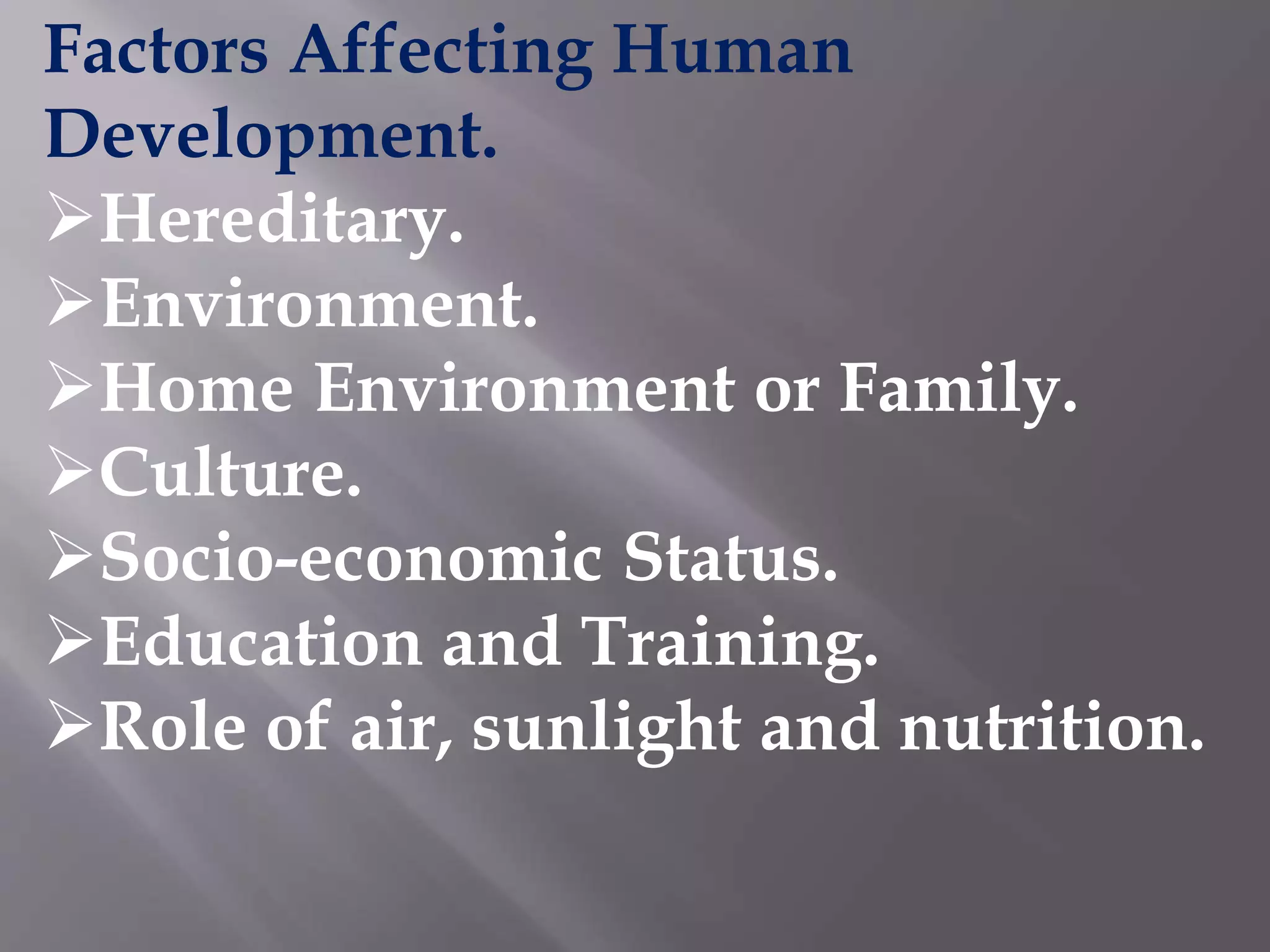 Factors Affecting Human
Development.
Hereditary.
Environment.
Home Environment or Family.
Culture.
Socio-economic Status.
Education and Training.
Role of air, sunlight and nutrition.