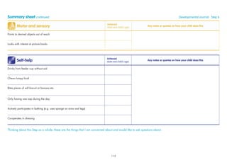 Summary sheet continued Developmental Journal · Step 6
Motor and sensory
Achieved
(date and child’s age)
Any notes or queries on how your child does this
Points to desired objects out of reach
Looks with interest at picture books
Self-help
Achieved
(date and child’s age)
Any notes or queries on how your child does this
Drinks from feeder cup without aid
Chews lumpy food
Bites pieces of soft biscuit or banana etc.
Only having one nap during the day
Actively participates in bathing (e.g. uses sponge on arms and legs)
Co-operates in dressing
Thinking about this Step as a whole, these are the things that I am concerned about and would like to ask questions about:
113
 