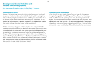 Developing play and learning
Because of all the new things they can do, children’s play becomes more complicated
and you can introduce new ideas for them to build in. Feeding dolly turns into getting
dolly out of bed, getting her washed and dressed, and then giving her breakfast. This is
an important way for children to learn more about taking care of themselves. You can
begin to use simple instructions to help your child learn. At ﬁrst, link telling with showing
them how to do things – this makes it easier for them to understand.
Children are learning to play games with other people so this is an important time for
children to learn about consideration for other people. You can help by encouraging simple
co-operative games that involve taking turns. Children with Down syndrome are often good
at visual learning – picture card games can be fun and help with learning the names for
things as well. You can encourage co-operation with other children by providing plenty of
toys and other things to play with. Sharing is a difﬁcult idea for children to learn and having
two of a favourite toy helps to avoid squabbles! You can help by showing how to give and
take. Relationships with brothers and sisters become more important now, because children
learn from and with other children from this point forward.
Developing motor skills and being active
When your child has learnt to walk, they can learn new things like climbing stairs,
running and kicking a ball. It’s worth ﬁtting some ‘letting off steam’ activities into your
child’s day. Follow these with ‘quietening down’ times, like reading a picture book
together, because some children need help to calm down after being very active. There
are likely to be times when your child is not very co-operative because of their growing
independence, or sometimes because they are frustrated. Offering a favourite, familiar
activity can be a good way of heading off these difﬁculties before they become issues.
Developmental Journal for Babies and
Children with Down Syndrome
An overview of development during Step 7 continued
118
 