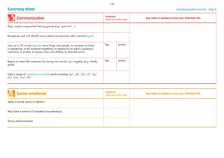 Communication
Achieved
(date and child’s age)
Any notes or queries on how your child does this
Plays simple co-operative listening games (e.g. ‘give it to’…)
Recognises and will identify many objects and pictures when named/signed
Uses up to 20 words/signs to name things and people, to comment on what
is happening, to tell someone something, to respond to an adult’s questions/
comments, to protest, to express likes and dislikes, to describe action
Sign Spoken
Begins to make little sentences by joining two words/signs together (e.g. daddy
gone)
Sign Spoken
Uses a range of consonant sounds in words including /p/, /d/, /b/, /t/, /g/,
/n/, /m/, /w/, /h/
Summary sheet Developmental Journal · Step 8
Social-emotional
Achieved
(date and child’s age)
Any notes or queries on how your child does this
Seeks to be the centre of attention
May have a tantrum if frustrated/misunderstood
Shows embarrassment
154
 