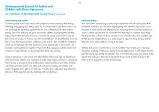 Social learning and copying
Children become more curious about other people and more sensitive to their feelings.
Watching and copying what other people do, is an important way for them to learn. You
can encourage this by making opportunities for your child to play with other children.
Playing with water and sand are good activities for children playing together and they
help young children learn about how to co-operate. Of course, you’ll need to keep an
eye on this sort of play, so that you can intervene to help sort out any difﬁculties. Try to do
this in a way that helps your child build their social skills. It’s also valuable for children to
watch you doing things with other adults and, where appropriate, to be included – for
example, watching television together. Programmes that engage your child’s interest and
introduce a range of topics can be an important stimulus for learning.
Going to playgroup or play school with other children of the same age can beneﬁt your
child enormously. Children can experience a wider range of play activities in a playgroup
than it is easy to provide at home and they learn a great deal from each other. Children
with Down syndrome beneﬁt from being with and communicating with children with
spoken language that is typical for their age. They also learn a lot about play, about the
behaviour that’s expected and about self-help skills and toileting.
Expressing feelings
Your child will be experiencing a wider range of emotions and will try to express them.
Sometimes it’s hard to work out what they’re feeling from what they say and do, so it’s
important to show warmth and affection as you encourage them to put their feelings into
words. Children typically ﬁnd out around this time that they can ‘pretend’ about things
that they’ve done or have not done, just as they can pretend in play. This is another sign
of their growing independence, so in some ways it is a positive thing, but you need to
help them learn what’s right and wrong in this area!
Self-help skills are an important focus as well. Children begin to take part in dressing
themselves, washing, drinking and eating. They also begin to join in with simple domestic
jobs like tidying toys, setting the table etc. Your child will be becoming more aware of the
signals their body gives them about the need to have a drink, to eat and to go to the
toilet, so this is a good time to start toilet training.
Developmental Journal for Babies and
Children with Down Syndrome
An overview of development during Step 9 continued
162
 