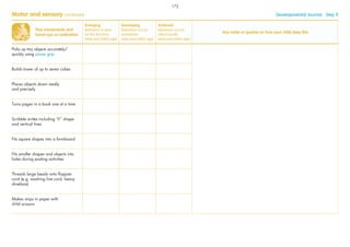 Fine movements and
hand-eye co-ordination
Emerging
Behaviour is seen
for the ﬁrst time
(date and child’s age)
Developing
Behaviour occurs
sometimes
(date and child’s age)
Achieved
Behaviour occurs
often/usually
(date and child’s age)
Any notes or queries on how your child does this
Picks up tiny objects accurately/
quickly using pincer grip
Builds tower of up to seven cubes
Places objects down neatly
and precisely
Turns pages in a book one at a time
Scribble writes including ‘V’’ shape
and vertical lines
Fits square shapes into a formboard
Fits smaller shapes and objects into
holes during posting activities
Threads large beads onto ﬂoppier
cord (e.g. washing line cord, heavy
shoelace)
Makes snips in paper with
child scissors
Motor and sensory continued Developmental Journal · Step 9
172
 