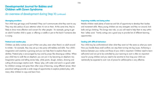 Managing emotions
Your child may get angry and frustrated if they can’t communicate what they want to say.
They may also jealous of your attention when it’s not on them. At the same time, they’re
likely to show more affection and concern for other people – for example, going to get
an adult if another child is upset, or offering a cuddle or pat on the back if someone else
is crying.
Pretend and creative play
Children use daily routines as part of their own play, even when there’s no adult around
to imitate – for example, they may set up a tea party with teddies and dolls. Your child’s
imagination and creativity is growing and you can help them to explore these new
abilities. Pretend play is encouraged by toys and by props like dressing-up clothes. When
your child tries to walk like an elephant, you can join in by becoming an elephant, too.
Imagination games and telling stories help, while paints, dough, stickers, drawing and
cutting all encourage creative work. ‘Messy’ play, with water and sand is a good outlet
for children’s energy and gives them other ways of learning, using different senses. Most
pre-school settings provide a wide range of opportunities to explore pretend play, with
many other children to copy and learn from.
Improving mobility and being active
Mobile children need plenty of exercise and lots of opportunity to develop their bodies
and movement skills. Many young children are very energetic and they run around, kick
balls and go climbing. This brings new risks, so you will need to help them to stay within
their ‘safety zone’. Family outings are a good way to provide lots of different learning
opportunities.
Dealing with difﬁcult behaviour
Your child may be confrontational when what they want isn’t the same as what you want.
How you handle these small conﬂicts can stop them turning into big issues. Achieving a
balance between your wishes and those of your child is important. Children need to learn
self-control and not just to be controlled by you! Learning to wait is often an important
issue for young children and you need to be sensitive to how long your child can
realistically be expected to wait. Lots of praise for self-discipline is very effective.
Developmental Journal for Babies and
Children with Down Syndrome
An overview of development during Step 10 continued
184
 