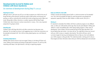 Preparing for school
Although school is still some way off, you can help to prepare your child for the sorts of
things that they will be doing by introducing simple number games and drawing and
painting, as well as continuing with activities that involve recognizing sounds, letters and
words. Being able to follow instructions is another important skill that they’ll need.
Children learn about classroom routines at pre-school or nursery – this is very important
preparation for going to school.
Extending play
Children’s play with things like bricks and other construction toys becomes more
elaborate. You can help by joining in and suggesting ways in which the constructions can
be extended and played with. Your child can play pretend games now, and hide-and-
seek is fun.
Increasing independence
Self-help skills should continue to be encouraged. Putting on and taking off shoes and
coats, toileting, hand washing and eating all need plenty of practice. As with any skill,
rewarding small steps in the right direction is the key to supporting progress.
Keep up activity for motor skills
Outdoor activities that develop physical skills in a safe environment can be extended
now. Your child will probably be happy for quite long periods using playground
equipment, especially if there are other children or adults around, who join in.
Moving on
It’s important to remember that children with Down syndrome progress at very different
rates, so when your child reaches school age, they may be quite delayed in talking and
‘behind’ in motor and self-help skills, while making steady progress in other areas of
development. Some children will have passed through all the Steps described in this
Journal before they start school – but many will not. You might like to share your Journal
with your child’s nursery or reception class teacher. The school will have a set of
curriculum targets for learning and development that can help you chart and celebrate
your child’s progress as they get older. This material provides a starting point to discuss
those targets and share information about what your child has already learnt and achieved.
Developmental Journal for Babies and
Children with Down Syndrome
An overview of development during Step 11 continued
206
 