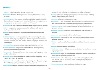 Glossary
• adjective – a describing word or sign, e.g. big, wet, dirty
• anticipation – the feeling of looking forward or expecting that something is going
to happen
• anticipation games – short sequence games that are played so frequently that a child
begins to know what to expect next in the routine, often drawn from daily activities or
nursery rhymes, e.g. ‘peek-a-boo’, ‘round and round the garden’
• attachment – the bond or relationship developed between parents/carers and their child
• attend – to pay attention to someone or something so that one might detect an
auditory, visual or tactile stimuli
• babble – repetitive sequences of consonant-vowel syllable-like vocalisations, e.g.
‘dadada’
• child directed speech – the changes adults make when communicating with babies
and small children, e.g. using a higher pitch of voice; using more varied intonation
and facial expression; using short, repetitive sentences; using larger, slower and more
repetitive signs
• chronological age – someone’s real age, beginning at the day they were born
• cognitive development – the processes involved in thinking, reasoning, learning,
processing and remembering information
• communication – the way we tell someone what we mean using language, our voice,
our face and our body
• consonant blends – sounds made with two or three consonants together e.g. ‘tr’ as in
‘tree, ‘cl’ as in ‘clear’, ‘str’ as in string
• consonant sounds – a speech sound formed by restricting, channelling, or directing air
ﬂow with the tongue, teeth, and/or lips, e.g. th, s, f, g, t, p, m etc.
• critical elements – essential information-giving parts of a sentence or phrase e.g. in the
sentence the teddy is sleeping, the critical elements are ‘teddy’ and ‘sleeping’
• cruising – pulling up to standing against a piece of furniture or an object, and lifting
one foot walking sideways while holding on
• emotions – feelings such as happiness and anger
• engagement – a close, emotional form of reciprocal interaction between babies and
their carers when the baby is interested, alert and participating in the interaction
• expressive language – words or signs that are used by the child and combined into
phrases or sentences
• expressive vocabulary – single words or signs that are used in the production of
language
• eye contact – when two people look into each other’s eyes
• facial expression – the changes we make to our faces by widening the eyes, opening
the mouth, smiling etc.
• fricatives – speech sounds that have restricted, channelled and turbulent air ﬂow, such
as f and th
• gesture – motions of the hands, head or body
• hand-eye co-ordination – ability to see a desired object, and then reach out for it, using
a grasping movement
• imaginative play – where the child creates their own world or game, in isolation or with
others using new or familiar actions and roles
• imitation/imitate – where children copy the actions of others. Initially this is a reﬂex,
over which the baby has no conscious control. As a baby develops they begin to
deliberately imitate
• immature pincer grasp – object held between thumb and two ﬁngers
225
 