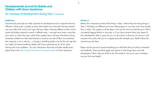 Healthcare
Good hearing and sight are really important for development and it’s important that any
difﬁculty in these areas is picked up early. Most babies now have their hearing checked
very soon after birth. Look out for signs that your baby is hearing different sounds, but be
aware that babies respond to sound in different ways – some get more active, wave their
arms about or widen their eyes, while others quieten down and stop what they‘re doing.
Sometimes children turn their head towards a sound to one side of them, but sometimes
their response is not so obvious – a change in breathing pattern may be the only sign that
your baby has heard something. Babies with Down syndrome are at risk for some
hearing and vision problems – for more information about this and other health issues,
please look at the Early Support Information for parents booklet on Down Syndrome.
Moving on
Babies don’t necessarily master all the things in Step 1 before they start doing things in
Step 2. All babies are different and some make progress in one area much more quickly
than in others. This applies to all the Steps in this Journal, but if you feel that your child is
consistently lagging behind in one area, or if you have concerns about any aspect of
their development, there is space for you to note it down so that you can discuss it with
someone who works with you on a regular basis (for example, your Health Visitor) the
next time you see them.
Please use this Journal to record everything your child does that you’d like to remember
and celebrate. There are blank pages and spaces to write things down and add
photographs if that’s what you’d like to do. The material is for you to use in whatever
way you ﬁnd most helpful.
Developmental Journal for Babies and
Children with Down Syndrome
An overview of development during Step 1 continued
8
 