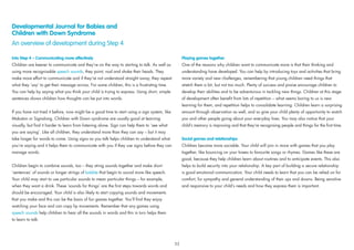 Developmental Journal for Babies and
Children with Down Syndrome
An overview of development during Step 4
Into Step 4 – Communicating more effectively
Children are keener to communicate and they’re on the way to starting to talk. As well as
using more recognisable speech sounds, they point, nod and shake their heads. They
make more effort to communicate and if they’re not understood straight away, they repeat
what they ‘say’ to get their message across. For some children, this is a frustrating time.
You can help by saying what you think your child is trying to express. Using short, simple
sentences shows children how thoughts can be put into words.
If you have not tried it before, now might be a good time to start using a sign system, like
Makaton or Signalong. Children with Down syndrome are usually good at learning
visually, but ﬁnd it harder to learn from listening alone. Sign can help them to ‘see what
you are saying’. Like all children, they understand more than they can say – but it may
take longer for words to come. Using signs as you talk helps children to understand what
you’re saying and it helps them to communicate with you if they use signs before they can
manage words.
Children begin to combine sounds, too – they string sounds together and make short
‘sentences’ of sounds or longer strings of babble that begin to sound more like speech.
Your child may start to use particular sounds to mean particular things – for example,
when they want a drink. These ‘sounds for things’ are the ﬁrst steps towards words and
should be encouraged. Your child is also likely to start copying sounds and movements
that you make and this can be the basis of fun games together. You’ll ﬁnd they enjoy
watching your face and can copy lip movements. Remember that any games using
speech sounds help children to hear all the sounds in words and this in turn helps them
to learn to talk.
Playing games together
One of the reasons why children want to communicate more is that their thinking and
understanding have developed. You can help by introducing toys and activities that bring
more variety and new challenges, remembering that young children need things that
stretch them a bit, but not too much. Plenty of success and praise encourage children to
develop their abilities and to be adventurous in tackling new things. Children at this stage
of development often beneﬁt from lots of repetition – what seems boring to us is new
learning for them, and repetition helps to consolidate learning. Children learn a surprising
amount through observation as well, and so give your child plenty of opportunity to watch
you and other people going about your everyday lives. You may also notice that your
child’s memory is improving and that they’re recognising people and things for the ﬁrst time.
Social games and relationships
Children become more sociable. Your child will join in more with games that you play
together, like bouncing on your knees to favourite songs or rhymes. Games like these are
good, because they help children learn about routines and to anticipate events. This also
helps to build security into your relationship. A key part of building a secure relationship
is good emotional communication. Your child needs to learn that you can be relied on for
comfort, for sympathy and general understanding of their ups and downs. Being sensitive
and responsive to your child’s needs and how they express them is important.
53
 