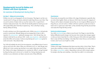 Developmental Journal for Babies and
Children with Down Syndrome
An overview of development during Step 5
Into Step 5 – Talking and communicating
Children now start to use language for all sorts of purposes. They begin to use their own
‘sounds/words’ for things and clearly understand simple things that you say to them. They
can point to pictures of objects when you say their names so this is a good time to
introduce simple picture books. Your child will also beneﬁt greatly from hearing you and
other people talking about what they’re experiencing – that is what they’re seeing,
hearing, feeling and doing.
As well as starting to use a few recognizable words, children use gestures and particular
sounds to communicate. Although helping and encouraging them to learn to talk is
important, it’s communication – getting the message across – that‘s the key thing. Use
whatever works best for you and your child – words, signs or gestures – and continue to
praise their efforts and successes. Continue using listening and speech sound games for
words and sounds – they really do help.
Your child will probably also start to be more expressive, using different tones of voice to
call you and to ask, tell or refuse. When your child starts to say ‘no’, daily life gets more
difﬁcult, but it’s also a positive sign that they’re now ready to take some control of their
life. Children at this stage of development can sometimes be ‘difﬁcult’, and get frustrated
by things that they want to do but can’t or shouldn’t do. Having interesting toys and
activities to use as distractions can help to overcome some of these difﬁculties.
Visual learners
Picture books are enjoyed by most children at this stage of development, especially when
you look at them together. Books can help your child to learn the names for categories of
things as well as objects and people, because they can now recognise different groups of
things like cars, cats and cushions. Children with Down syndrome usually love to look at
books and it’s a great way to teach them, as they remember things that they see and hear
more easily than things that they just hear.
Social and emotional progress
Your child’s attachment to you is likely to move forward. You’ll begin to notice that they
behave differently towards strangers and may even show anxiety when strangers appear
or when you have to leave them for a while. Giving your child comfort and support helps
them to cope with these new feelings. It also helps them to learn that you can be relied on
to return, even if you’re out of sight for a while.
Understanding more
Children at this stage of development think about more than what’s in front of them. They’re
aware when something is missing or when they want something that’s not in sight. Again,
this is where communication comes in. Responding to what your child is trying to express –
for example, when they want something – shows them how useful it is to communicate.
75
 