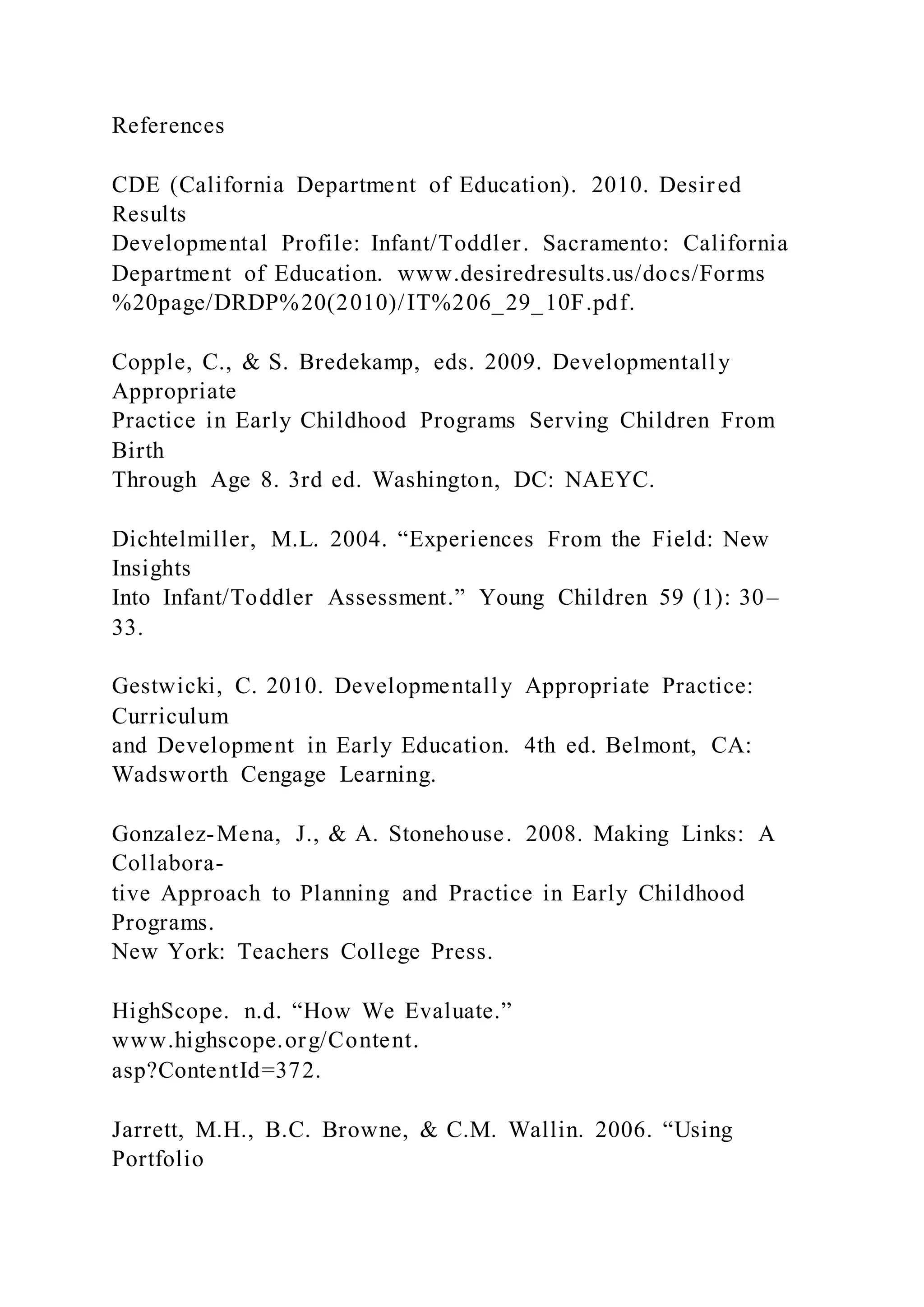 References
CDE (California Department of Education). 2010. Desired
Results
Developmental Profile: Infant/Toddler. Sacramento: California
Department of Education. www.desiredresults.us/docs/Forms
%20page/DRDP%20(2010)/IT%206_29_10F.pdf.
Copple, C., & S. Bredekamp, eds. 2009. Developmentally
Appropriate
Practice in Early Childhood Programs Serving Children From
Birth
Through Age 8. 3rd ed. Washington, DC: NAEYC.
Dichtelmiller, M.L. 2004. “Experiences From the Field: New
Insights
Into Infant/Toddler Assessment.” Young Children 59 (1): 30–
33.
Gestwicki, C. 2010. Developmentally Appropriate Practice:
Curriculum
and Development in Early Education. 4th ed. Belmont, CA:
Wadsworth Cengage Learning.
Gonzalez-Mena, J., & A. Stonehouse. 2008. Making Links: A
Collabora-
tive Approach to Planning and Practice in Early Childhood
Programs.
New York: Teachers College Press.
HighScope. n.d. “How We Evaluate.”
www.highscope.org/Content.
asp?ContentId=372.
Jarrett, M.H., B.C. Browne, & C.M. Wallin. 2006. “Using
Portfolio
 