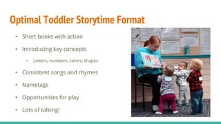 Optimal Toddler Storytime Format
• Short books with action
• Introducing key concepts
• Letters, numbers, colors, shapes
• Consistent songs and rhymes
• Nametags
• Opportunities for play
• Lots of talking!
 