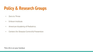 Policy & Research Groups
• Zero to Three
• Erikson Institute
• American Academy of Pediatrics
• Centers for Disease Control & Prevention
*this info is on your handout
 