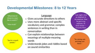 Developmental Milestones: 8 to 12 Years
Language
• Gives accurate directions to others
• Uses more abstract and specific
vocabulary and grammar, complex
sentences in writing than in
conversation
• Can explain relationships between
meanings of multiple-meaning
words
• Understands jokes and riddles based
on sound similarities
"What kind of
shows to cows
like to watch?"
"Moo-sicals”
"Last night I shot
an elephant in
my pajamas. How
he got in my
pajamas, I'll
never know." -
Groucho Marx
"You're a couch
potato."
“Its raining cats
and dogs out
there.”
 