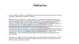 References
• American Academy of Pediatrics - Healthychildren.org Caring for Your Baby and Young Child: Birth to Age 5
(Copyright
©
2009 American Academy of Pediatrics)
• References & Resources: Benson, P. L. (2006). All kids are our kids: What communities must do to raise
caring and responsible children and adolescents (2nd ed.). San Francisco: Jossey-Bass.Center for Disease
Control and Prevention (2014, June 23). Middle childhood (6-8 years ofage).Retrievedfrom http://
www.cdc.gov/ncbddd/childdevelopment/positiveparenting/middle.htmlCenter for Disease Control and
Prevention (2014, June 23). Middle childhood (9-11 years of age). Retrieved from http://
www.cdc.gov/ncbddd/childdevelopment/positiveparenting/middle2.htmlCenter for Disease Control and
Prevention (2014, June 23). Young teens (12 -14 years of age).Retrieved fromhttp://
www.cdc.gov/ncbddd/childdevelopment/positiveparenting/adolescence.htmlInstitute for Human Services
for the Ohio Child Welfare Training Program (2007). Developmental milestones chart. Retrieved fromhttp://
www.rsd.k12.pa.us/Downloads/Development_Chart_for_Booklet.pdfLeffert, N., Benson, P., &
Roehlkepartain, J. (1997). Starting out right: Developmental assets for children. Minneapolis, MN: The
Search Institute.
• Adapted by Anne L. Heinsohn, former associate professor of extension education, from Children-How They Grow:
Elementary School Children Ages 6 to 8 and 9 to 12, Bulletins GH 6230 and GH 6231, by Mary McPhail Gray and
Terry Foltz, University of Missouri, Columbia
 