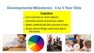 Developmental Milestones: 4 to 5 Year Olds
Cognitive
• Can count ten or more objects
• Correctly names at least four colors
• Better understands the concept of time
• Knows about things used every day in
the home
 