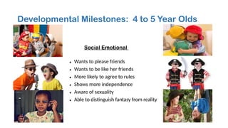 Developmental Milestones: 4 to 5 Year Olds
Social Emotional
• Wants to please friends
• Wants to be like her friends
• More likely to agree to rules
• Shows more independence
• Aware of sexuality
• Able to distinguish fantasy from reality
 