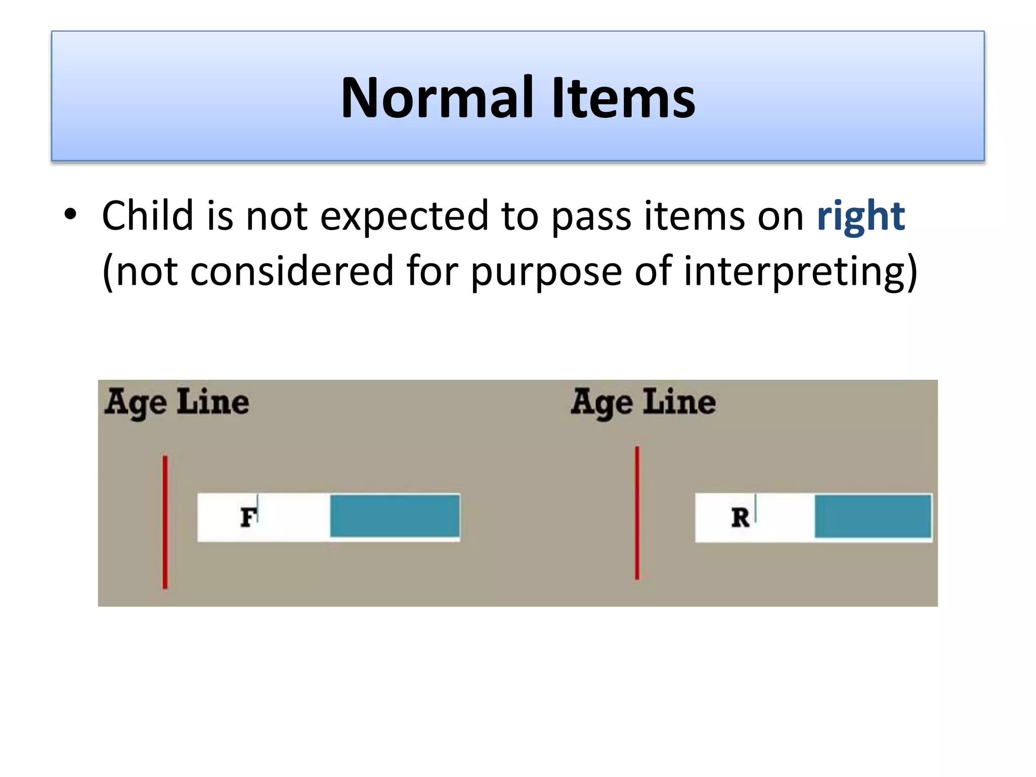 Normal Items
• Child is not expected to pass items on right
(not considered for purpose of interpreting)
 