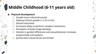 Middle Childhood (6-11 years old)
● Physical Development
○ Growth occurs discontinuously
○ Slowing of brain growth (+ 2 cm in HC)
○ Dental maturation
○ Increased ability to perform complex movements
○ Perception of body image develops
○ Interest in gender differences and sexual behavior increases
progressively until puberty
○ period when sexual drives are limited
 