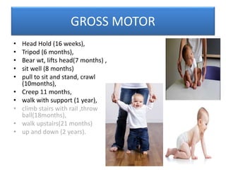 GROSS MOTOR
• Head Hold (16 weeks),
• Tripod (6 months),
• Bear wt, lifts head(7 months) ,
• sit well (8 months)
• pull to sit and stand, crawl
(10months),
• Creep 11 months,
• walk with support (1 year),
• climb stairs with rail ,throw
ball(18months),
• walk upstairs(21 months)
• up and down (2 years).
 