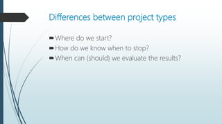 Differences between project types
Where do we start?
How do we know when to stop?
When can (should) we evaluate the results?
 