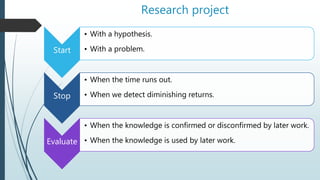 Research project
Start
• With a hypothesis.
• With a problem.
Stop
• When the time runs out.
• When we detect diminishing returns.
Evaluate
• When the knowledge is confirmed or disconfirmed by later work.
• When the knowledge is used by later work.
 