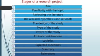 Stages of a research project
Aim
Familiarity with the topic
Reviewing the literature
The research hypothesis and rationale
The design of the study
Type of the study
Power of the study
Ethical considerations
Logistics
Expected outcomes
Summary
References
 