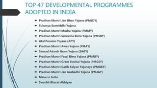 TOP 47 DEVELOPMENTAL PROGRAMMES
ADOPTED IN INDIA
 Pradhan Mantri Jan Dhan Yojana (PMJDY)
 Sukanya Samriddhi Yojana
 Pradhan Mantri Mudra Yojana (PMMY)
 Pradhan Mantri Suraksha Bima Yojana (PMSBY)
 Atal Pension Yojana (APY)
 Pradhan Mantri Awas Yojana (PMAY)
 Sansad Adarsh Gram Yojana (SAGY)
 Pradhan Mantri Fasal Bima Yojana (PMFBY)
 Pradhan Mantri Gram Sinchai Yojana (PMGSY)
 Pradhan Mantri Garib Kalyan Yojanaye (PMGKY)
 Pradhan Mantri Jan Aushadhi Yojana (PMJAY)
 Make in India
 Swachh Bharat Abhiyan
 