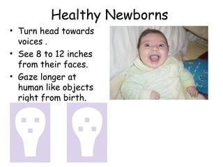 Healthy Newborns 
• Turn head towards 
voices . 
• See 8 to 12 inches 
from their faces. 
• Gaze longer at 
human like objects 
right from birth. 
 