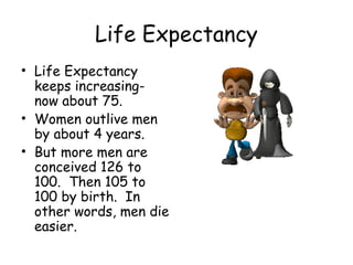 Life Expectancy 
• Life Expectancy 
keeps increasing-now 
about 75. 
• Women outlive men 
by about 4 years. 
• But more men are 
conceived 126 to 
100. Then 105 to 
100 by birth. In 
other words, men die 
easier. 
 
