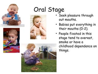 Oral Stage 
• Seek pleasure through 
out mouths. 
• Babies put everything in 
their mouths (0-2). 
• People fixated in this 
stage tend to overeat, 
smoke or have a 
childhood dependence on 
things. 
 