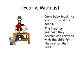 Trust v. Mistrust 
• Can a baby trust the 
world to fulfill its 
needs? 
• The trust or 
mistrust they 
develop can carry on 
with the child for 
the rest of their 
lives. 
 