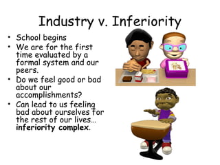 Industry v. Inferiority 
• School begins 
• We are for the first 
time evaluated by a 
formal system and our 
peers. 
• Do we feel good or bad 
about our 
accomplishments? 
• Can lead to us feeling 
bad about ourselves for 
the rest of our lives… 
inferiority complex. 
 