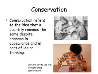 Conservation 
• Conservation refers 
to the idea that a 
quantity remains the 
same despite 
changes in 
appearance and is 
part of logical 
thinking. 
Click the boy to see kids 
trying to grasp 
conservation. 
 