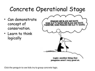 Concrete Operational Stage 
• Can demonstrate 
concept of 
conservation. 
• Learn to think 
logically 
Click the penguin to see kids try to grasp concrete logic. 
 
